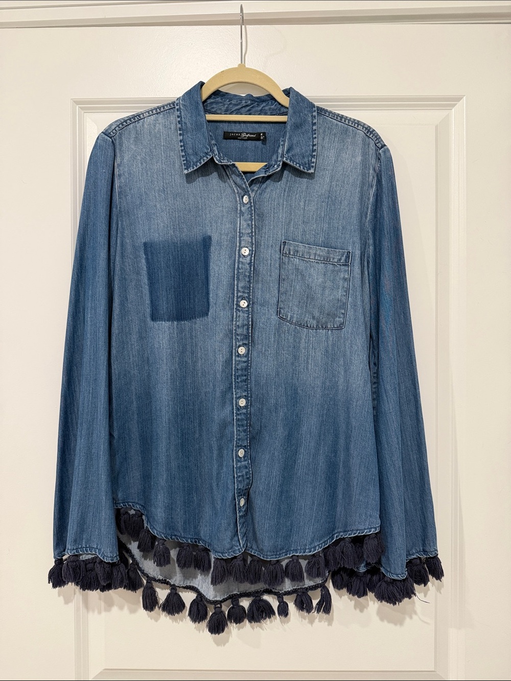 Denim Button-Up Shirt with Tassel Hem